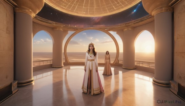 1girl,long hair,looking at viewer,multiple girls,brown hair,black hair,long sleeves,1boy,dress,2girls,jewelry,standing,pantyhose,earrings,sky,cloud,hood,white dress,shadow,sunlight,star (sky),scenery,starry sky,reflection,sunset,robe,horizon,wide shot,pillar,white robe,column