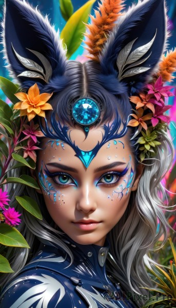 1girl,solo,long hair,looking at viewer,blue eyes,black hair,hair ornament,animal ears,jewelry,closed mouth,upper body,flower,grey hair,multicolored hair,artist name,signature,hair flower,rabbit ears,blurry,aqua eyes,lips,eyelashes,bodysuit,makeup,glowing,leaf,facial mark,feathers,plant,lipstick,gem,portrait,pink flower,eyeshadow,freckles,crystal,pink lips,nose,red lips,eyeliner,forehead jewel,orange flower,mascara,green eyes,web address,close-up