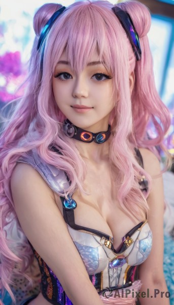 1girl,solo,long hair,breasts,looking at viewer,smile,bangs,blue eyes,hair ornament,cleavage,bare shoulders,medium breasts,collarbone,upper body,pink hair,sleeveless,choker,hair bun,blurry,black eyes,lips,double bun,wavy hair,realistic