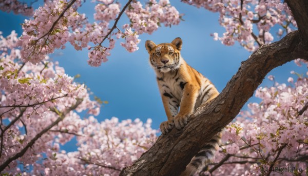 outdoors, sky, day, blurry, tree, blue sky, no humans, animal, cherry blossoms, branch, tiger, spring (season)