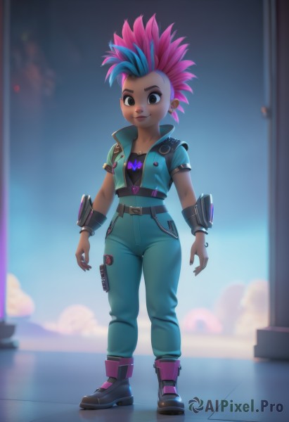 1girl,solo,breasts,looking at viewer,smile,short hair,shirt,brown eyes,jewelry,closed mouth,blue hair,standing,jacket,full body,pink hair,short sleeves,multicolored hair,earrings,boots,open clothes,belt,pants,artist name,dark skin,blurry,black eyes,bracelet,two-tone hair,open jacket,dark-skinned female,streaked hair,blurry background,piercing,spiked hair,blue jacket,ear piercing,cropped jacket,blue pants,undercut,mohawk