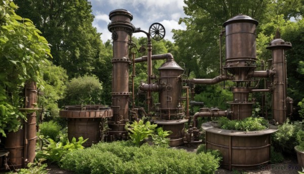 outdoors,sky,day,cloud,tree,blue sky,no humans,cloudy sky,grass,plant,nature,scenery,forest,bush,ruins,barrel,overgrown,lamppost,industrial pipe,drum (container)