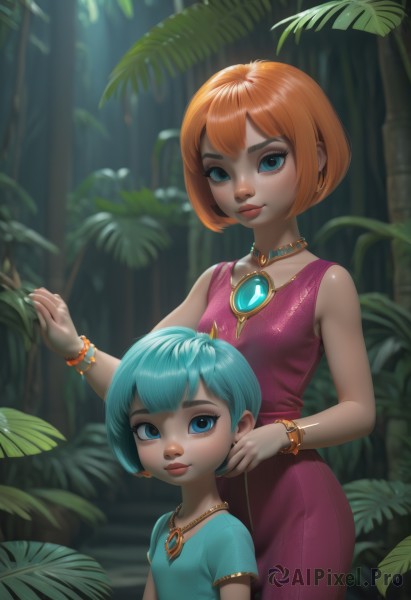 breasts,looking at viewer,smile,short hair,bangs,blue eyes,multiple girls,shirt,dress,2girls,bare shoulders,jewelry,closed mouth,blue hair,standing,short sleeves,small breasts,outdoors,sleeveless,artist name,necklace,orange hair,blurry,bracelet,tree,lips,eyelashes,aqua hair,makeup,sleeveless dress,siblings,leaf,bob cut,blue shirt,plant,sisters,gem,child,pink dress,nature,purple dress,pendant,forest,freckles,twins,height difference,nose,female child,sunlight,aged down