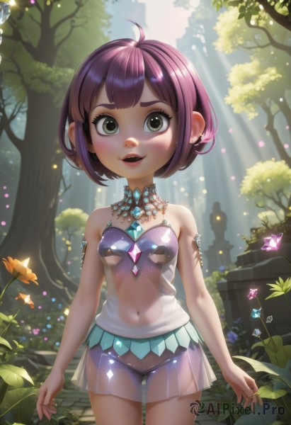 1girl,solo,breasts,looking at viewer,blush,smile,short hair,open mouth,bangs,dress,navel,bare shoulders,brown eyes,jewelry,underwear,green eyes,standing,panties,purple hair,flower,ahoge,cowboy shot,small breasts,outdoors,teeth,day,artist name,tree,lips,see-through,loli,strapless,underboob,upper teeth only,watermark,thigh gap,sunlight,gem,nature,web address,forest,see-through dress,skirt,earrings,pussy,covered navel,no panties