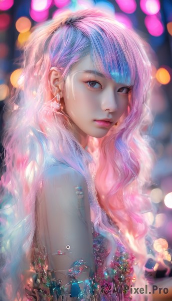 1girl,solo,long hair,looking at viewer,bangs,dress,brown eyes,jewelry,closed mouth,blue hair,upper body,pink hair,multicolored hair,earrings,artist name,blurry,black eyes,from side,lips,gradient hair,makeup,depth of field,blurry background,watermark,wavy hair,web address,realistic,nose,bare shoulders,purple hair,parted lips,blunt bangs,looking to the side,eyelashes,gem,veil,lens flare,hand on own face,eyeshadow,hand on own cheek,bokeh