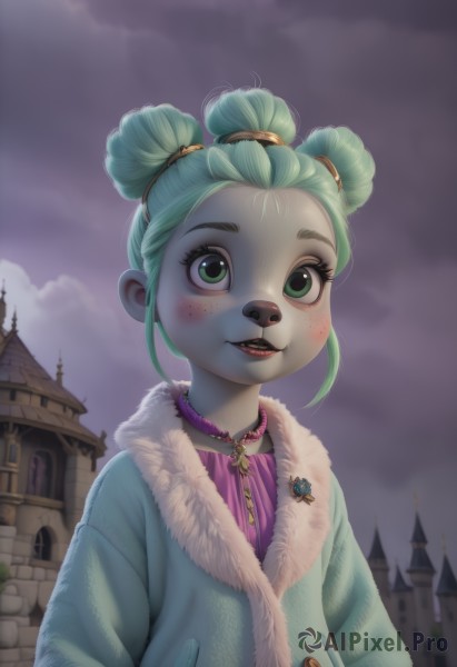 1girl,solo,looking at viewer,blush,smile,short hair,open mouth,jewelry,green eyes,jacket,upper body,outdoors,parted lips,green hair,sky,teeth,cloud,necklace,hair bun,lips,coat,fur trim,eyelashes,double bun,makeup,cloudy sky,building,child,furry,forehead,freckles,hands in pockets,furry female,female child,castle,buck teeth