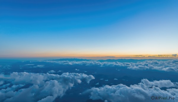 outdoors,sky,day,cloud,water,blue sky,no humans,bird,ocean,cloudy sky,scenery,horizon,landscape,above clouds,sunset,blue theme,sun