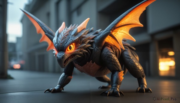 HQ,solo,open mouth,standing,tail,full body,yellow eyes,outdoors,wings,horns,teeth,blurry,orange eyes,no humans,blurry background,glowing,fangs,sharp teeth,building,glowing eyes,motor vehicle,claws,spikes,colored sclera,monster,city,dragon,car,road,scales,street,kaijuu,slit pupils