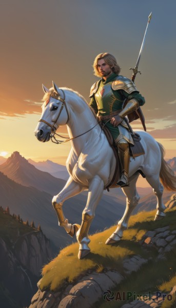 1girl,solo,short hair,blonde hair,brown hair,1boy,closed mouth,weapon,male focus,boots,outdoors,sky,sword,cape,armor,facial hair,animal,grass,polearm,shoulder armor,pauldrons,sunset,spear,breastplate,rock,mountain,fantasy,vambraces,riding,horse,horseback riding,reins,saddle,looking at viewer,blue eyes,holding,full body,parted lips,pants,cloud,signature,holding weapon,lips,capelet,gauntlets,sheath,sheathed,armored boots,greaves,faulds,knight,weapon on back,green cape,cliff,plate armor