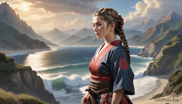 1girl,solo,long hair,breasts,blush,blue eyes,brown hair,brown eyes,upper body,braid,outdoors,japanese clothes,sky,day,cloud,kimono,water,from side,lips,sash,single braid,profile,ocean,looking away,beach,obi,sunlight,cloudy sky,scenery,reflection,sunset,braided ponytail,mountain,nose,sun,horizon,looking afar,river,mountainous horizon,lake,shore,sunrise,traditional clothes,artist name,signature,floral print,realistic,sand,waves,landscape