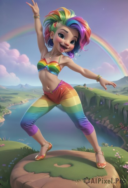 1girl,solo,breasts,looking at viewer,blush,smile,short hair,open mouth,navel,bare shoulders,jewelry,standing,swimsuit,full body,pink hair,purple hair,flower,:d,bikini,multicolored hair,earrings,small breasts,outdoors,green hair,sky,shorts,teeth,day,tongue,midriff,striped,pants,cloud,dark skin,armpits,water,necklace,nail polish,black eyes,arm up,flat chest,bracelet,two-tone hair,dark-skinned female,streaked hair,gradient hair,makeup,toes,fangs,piercing,sandals,grass,lipstick,bikini top only,red nails,web address,multicolored clothes,pink nails,eyeshadow,personification,legs apart,toenails,anklet,toenail polish,bangle,rainbow,river,colorful,multicolored bikini,rainbow hair,multicolored stripes,bangs,blue eyes,blonde hair,shirt,blue hair,collarbone,ponytail,red hair,shoes,artist name,tongue out,stomach,blue sky,lips,crop top,fingernails,watermark,happy,cloudy sky,red footwear,pink flower,freckles,curly hair,red lips,puddle,capri pants