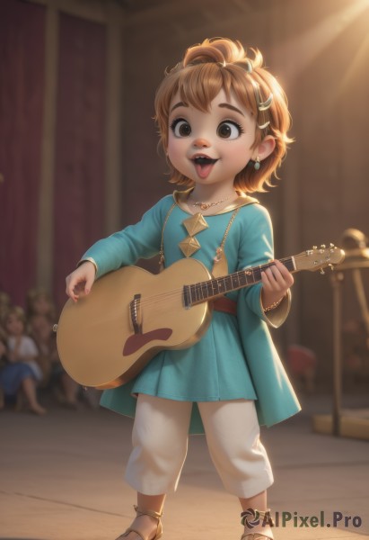 1girl,smile,short hair,open mouth,brown hair,hair ornament,long sleeves,dress,holding,brown eyes,jewelry,standing,full body,earrings,solo focus,tongue,pants,indoors,tongue out,necklace,blurry,black eyes,bracelet,blurry background,blue dress,piercing,sandals,instrument,child,white pants,anklet,music,bandaid on face,guitar,female child,singing,playing instrument,holding instrument,bandaid on nose,aqua dress,plectrum,solo,multiple girls,hairclip,3girls,loli