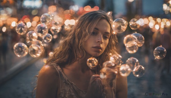 1girl, solo, long hair, looking at viewer, blonde hair, brown hair, closed mouth, upper body, sleeveless, blurry, lips, depth of field, blurry background, bubble, realistic, bokeh