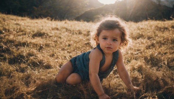 1girl,solo,looking at viewer,short hair,blue eyes,brown hair,outdoors,lying,sleeveless,flat chest,lips,child,nature,realistic,field,shirt,1boy,male focus,parted lips,shorts,teeth,day,sunlight,tank top,aged down,blue shirt,male child,dirty