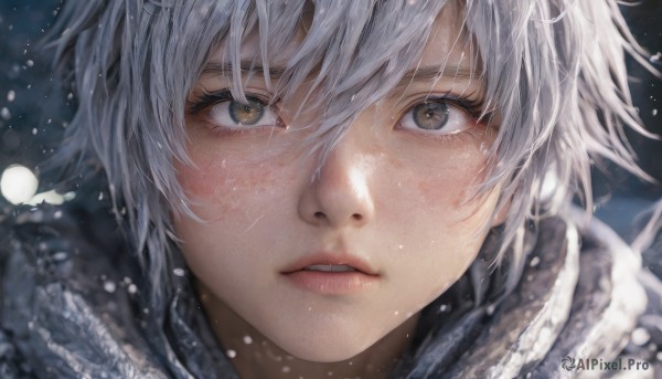 1girl,solo,looking at viewer,blush,short hair,bangs,hair ornament,hair between eyes,brown eyes,white hair,male focus,parted lips,teeth,hairclip,blurry,lips,grey eyes,fur trim,eyelashes,portrait,snow,close-up,freckles,snowing,realistic,nose,eye focus,grey hair,scarf