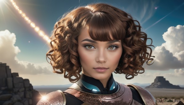 1girl,solo,looking at viewer,short hair,bangs,brown hair,brown eyes,closed mouth,upper body,outdoors,sky,day,cloud,dark skin,armor,dark-skinned female,blue sky,lips,eyelashes,makeup,sunlight,cloudy sky,portrait,lens flare,curly hair,breastplate,realistic,nose,sun,chainmail,blunt bangs,wind,shoulder armor,messy hair,light rays