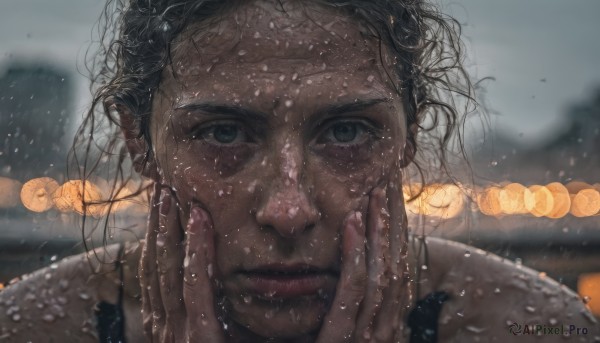 1girl,solo,looking at viewer,short hair,black hair,closed mouth,green eyes,outdoors,blurry,lips,depth of field,blurry background,messy hair,portrait,snow,snowing,realistic,nose,hands on own face,winter,hands on own cheeks,1boy,male focus,sky,grey eyes,facial hair,wind,close-up