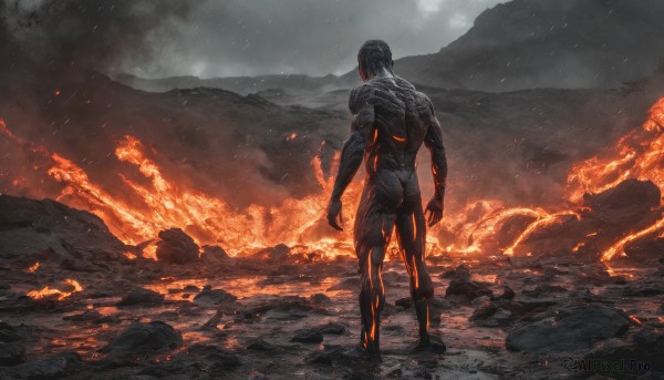 solo, 1boy, standing, ass, male focus, outdoors, from behind, bodysuit, muscular, fire, mountain, molten rock