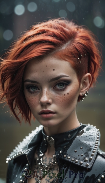 1girl,solo,looking at viewer,short hair,jewelry,green eyes,jacket,upper body,red hair,earrings,parted lips,choker,artist name,necklace,orange hair,blurry,lips,black jacket,grey eyes,eyelashes,tattoo,makeup,depth of field,blurry background,watermark,piercing,ear piercing,portrait,web address,freckles,rain,realistic,nose,leather,leather jacket,mascara,teeth,collar,open jacket,wind,eyeshadow,zipper,facial tattoo,bokeh,eyebrow piercing