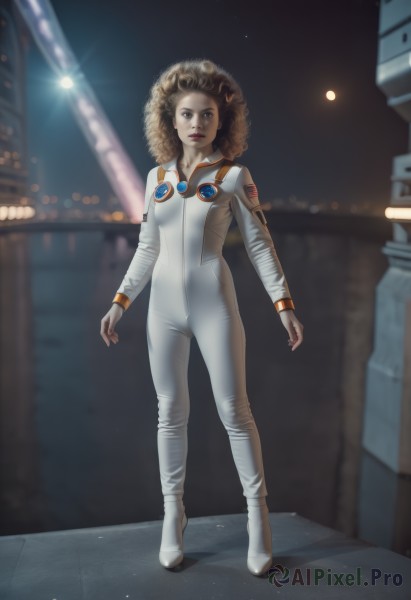 1girl,solo,long hair,looking at viewer,brown hair,brown eyes,standing,full body,boots,signature,lips,bodysuit,moon,star (sky),science fiction,realistic,nose,space,big hair,spacesuit,afro,breasts,small breasts,artist name,star (symbol),blurry,depth of field,blurry background,watermark,white footwear,curly hair,emblem,retro artstyle,light,badge,white bodysuit,jumpsuit,lights,spotlight