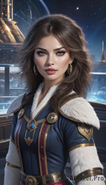 1girl,solo,long hair,breasts,looking at viewer,brown hair,long sleeves,brown eyes,jewelry,upper body,earrings,sky,belt,signature,lips,fur trim,makeup,night,lipstick,star (sky),night sky,starry sky,hoop earrings,realistic,nose,red lips,bangs,outdoors,parted lips,artist name,parted bangs,eyelashes,gem,forehead,eyeshadow,fur collar