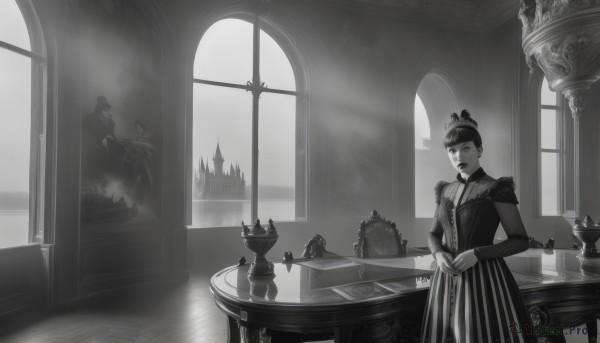 1girl,solo,looking at viewer,bangs,long sleeves,dress,jewelry,closed mouth,standing,monochrome,greyscale,earrings,striped,indoors,window,chair,table,own hands together,tiara,crown,scenery,vertical stripes,chess piece,castle,statue,board game,short hair,flower,hair bun,single hair bun,vase,church