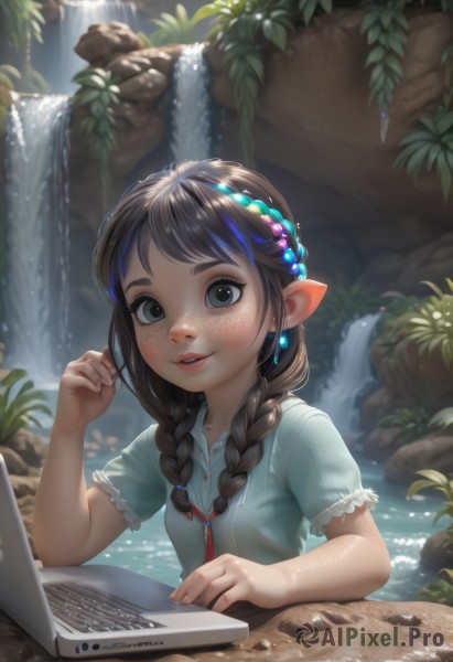 1girl,solo,long hair,breasts,looking at viewer,blush,smile,open mouth,bangs,brown hair,shirt,hair ornament,jewelry,upper body,braid,short sleeves,multicolored hair,earrings,small breasts,outdoors,frills,parted lips,teeth,day,pointy ears,puffy sleeves,artist name,hand up,signature,water,necklace,black eyes,twin braids,puffy short sleeves,lips,streaked hair,fingernails,grey eyes,eyelashes,swept bangs,leaf,watermark,blue shirt,plant,frilled sleeves,gem,nature,hair over shoulder,web address,freckles,rock,realistic,nose,computer,river,laptop,waterfall,keyboard (computer),playing with own hair,blue eyes,black hair,twintails,blue hair,blurry,thick eyebrows,forest,patreon username,green shirt,deviantart username,stream