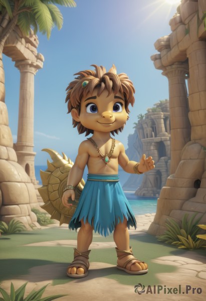 solo,looking at viewer,smile,short hair,blue eyes,brown hair,1boy,jewelry,closed mouth,standing,tail,full body,male focus,outdoors,horns,sky,day,artist name,water,necklace,bracelet,tree,blue sky,ocean,beach,sandals,sunlight,thick eyebrows,child,topless male,sand,palm tree,sun,male child,pillar,flip-flops,skirt,holding,collarbone,weapon,sword,holding weapon,blue skirt,muscular,abs,grass,pectorals,gem,furry,shield,anklet,furry male,holding shield,brown fur