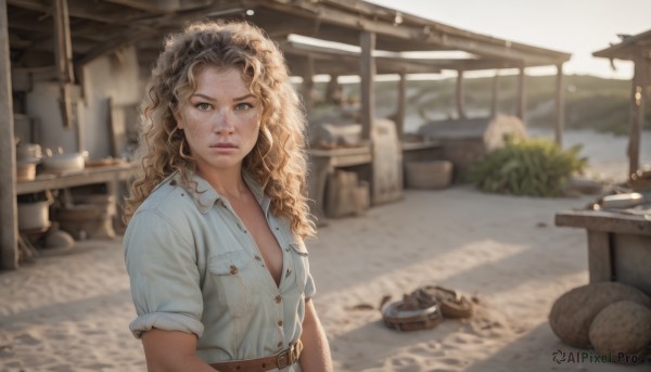 1girl,solo,long hair,breasts,looking at viewer,blonde hair,brown hair,shirt,hat,cleavage,closed mouth,green eyes,white shirt,upper body,short sleeves,small breasts,outdoors,day,collared shirt,belt,blurry,lips,buttons,blurry background,wavy hair,table,sleeves rolled up,freckles,curly hair,pocket,realistic,nose,brown belt,breast pocket,partially unbuttoned,motor vehicle,straw hat,unbuttoned,dirty