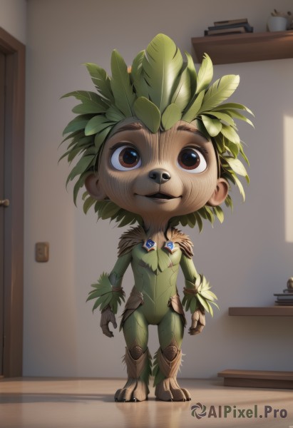 solo,looking at viewer,smile,1boy,brown eyes,standing,full body,male focus,green hair,artist name,indoors,book,leaf,plant,furry,arms at sides,furry male,male child,1girl,short hair,open mouth,teeth,bodysuit,watermark