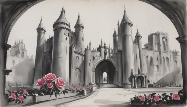 monochrome,flower,outdoors,sky,no humans,rose,red flower,building,scenery,pink flower,spot color,red rose,architecture,pink rose,pillar,castle,tower,fog,church,arch,gate,column,greyscale,plant