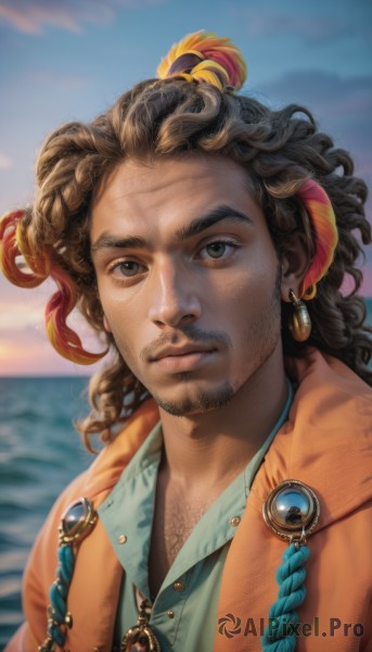 solo,long hair,looking at viewer,brown hair,shirt,black hair,hair ornament,1boy,brown eyes,jewelry,closed mouth,upper body,male focus,multicolored hair,earrings,outdoors,sky,day,collared shirt,cloud,dark skin,water,necklace,blurry,black eyes,two-tone hair,blue sky,lips,depth of field,blurry background,facial hair,ocean,dark-skinned male,thick eyebrows,feathers,portrait,beard,curly hair,realistic,nose,green shirt,mustache,stubble,feather hair ornament,vest,blue shirt,sunset,horizon