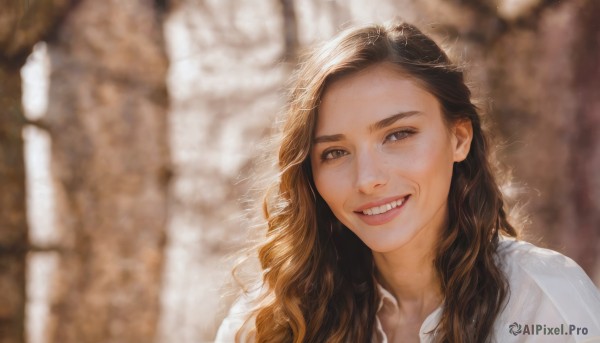 1girl,solo,long hair,looking at viewer,smile,brown hair,shirt,brown eyes,white shirt,upper body,teeth,collared shirt,grin,blurry,black eyes,lips,depth of field,blurry background,wavy hair,portrait,forehead,curly hair,realistic,nose,open mouth,day,signature,head tilt,grey eyes,fangs,sunlight,freckles