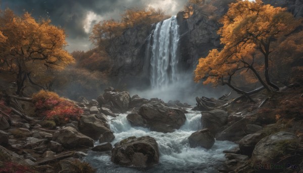 outdoors, sky, cloud, water, tree, no humans, leaf, cloudy sky, nature, scenery, rock, autumn leaves, river, autumn, waterfall