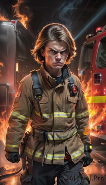 A male captured beautifully in a inviting fiery smoke