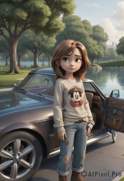 1girl,solo,long hair,brown hair,shirt,long sleeves,brown eyes,standing,white shirt,boots,outdoors,day,belt,pants,medium hair,water,sweater,tree,lips,looking to the side,torn clothes,brown footwear,denim,ground vehicle,child,motor vehicle,reflection,jeans,female child,car,vehicle focus,torn pants,short hair,blue eyes,closed mouth,full body,solo focus,grass,realistic,character doll,bridge,river,torn jeans