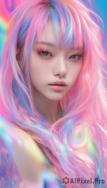 1girl,solo,long hair,looking at viewer,bangs,jewelry,closed mouth,blue hair,upper body,pink hair,multicolored hair,parted lips,black eyes,two-tone hair,lips,grey eyes,eyelashes,makeup,piercing,eyeshadow,pink lips,realistic,nose,eyeliner,mascara,earrings,artist name,blurry,streaked hair,watermark,expressionless,ear piercing,portrait