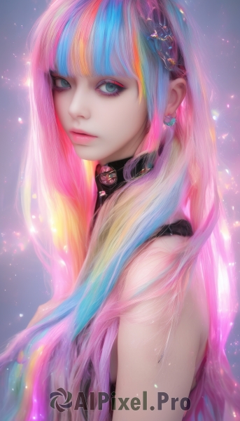 1girl,solo,long hair,breasts,looking at viewer,bangs,blue eyes,blonde hair,hair ornament,bare shoulders,jewelry,medium breasts,closed mouth,blue hair,upper body,pink hair,multicolored hair,hairband,earrings,sleeveless,choker,artist name,blunt bangs,collar,from side,two-tone hair,aqua eyes,lips,eyelashes,sparkle,aqua hair,makeup,eyeshadow,pink lips,realistic,nose,eyeliner,colorful,mascara,rainbow hair,streaked hair,looking to the side,gradient hair,watermark,expressionless,light particles