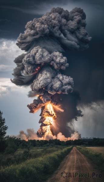 red eyes,outdoors,sky,day,cloud,tree,no humans,glowing,cloudy sky,grass,fire,nature,scenery,forest,smoke,monster,mountain,explosion,landscape,military vehicle