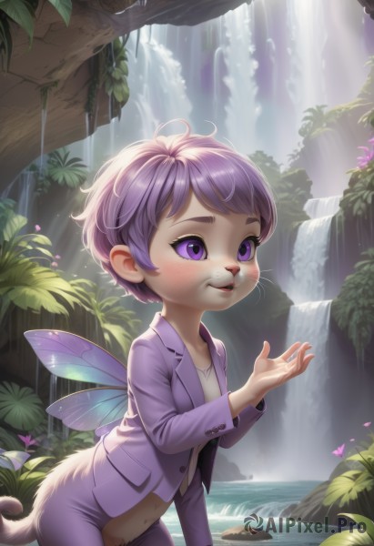 1girl,solo,blush,smile,short hair,open mouth,shirt,long sleeves,navel,standing,purple eyes,jacket,tail,white shirt,purple hair,flower,outdoors,parted lips,open clothes,wings,teeth,pussy,day,pants,water,open jacket,tree,loli,leaning forward,leaf,formal,sunlight,suit,plant,nature,furry,wading,forest,light rays,furry female,fairy wings,fairy,purple jacket,mushroom,waterfall,animal ears,artist name,watermark,bug,web address,pond,insect wings