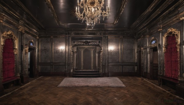 indoors,no humans,window,scenery,wooden floor,stairs,door,light,candle,architecture,pillar,ceiling,hallway,carpet,arch,candlestand,ceiling light,chandelier,skull,light rays,fantasy,throne