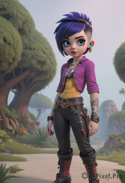 1girl,solo,looking at viewer,short hair,blue eyes,shirt,black hair,jewelry,closed mouth,blue hair,standing,jacket,full body,ponytail,weapon,purple hair,flower,multicolored hair,earrings,boots,outdoors,open clothes,day,belt,pants,signature,hood,necklace,nail polish,black footwear,mole,high heels,flat chest,bracelet,two-tone hair,open jacket,tree,lips,fingernails,mole under eye,tattoo,makeup,chain,headphones,black pants,piercing,ring,knee boots,grass,knife,lipstick,ear piercing,child,nature,buckle,pendant,sleeves rolled up,eyeshadow,cross-laced footwear,high heel boots,cropped jacket,asymmetrical hair,belt buckle,nose,red lips,female child,eyeliner,dagger,arm tattoo,purple jacket,undercut,earphones,mascara,earbuds,mohawk,eyebrow cut,plant,rock,bush,very short hair,mushroom