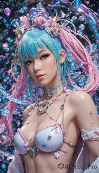 1girl,solo,long hair,breasts,looking at viewer,bangs,blue eyes,hair ornament,cleavage,bare shoulders,twintails,jewelry,medium breasts,closed mouth,blue hair,swimsuit,upper body,pink hair,bikini,multicolored hair,choker,shiny,necklace,bra,two-tone hair,aqua eyes,lips,eyelashes,aqua hair,makeup,white bikini,gem,bikini top only,bubble,realistic,nose,mascara,artist name,gradient hair,crown,armlet,water drop,air bubble,shell,pearl (gemstone),deviantart username,shell hair ornament