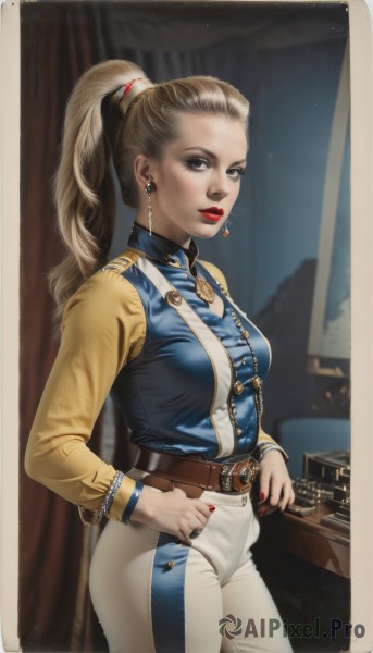 1girl,solo,long hair,breasts,looking at viewer,blue eyes,blonde hair,shirt,long sleeves,jewelry,medium breasts,standing,ponytail,cowboy shot,earrings,parted lips,collared shirt,belt,pants,indoors,signature,nail polish,blurry,vest,bracelet,lips,fingernails,grey eyes,eyelashes,window,makeup,buttons,border,ring,high ponytail,blue shirt,lipstick,curtains,red nails,buckle,eyeshadow,yellow shirt,white pants,nose,hair tie,red lips,brown belt,eyeliner,hair pulled back,mascara,brown hair,brown eyes,closed mouth,sky,artist name,uniform,blurry background,instrument,realistic,multicolored shirt