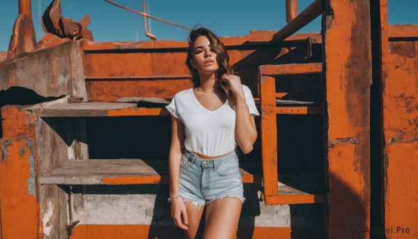 1girl,solo,long hair,breasts,looking at viewer,brown hair,shirt,black hair,brown eyes,jewelry,standing,collarbone,white shirt,short sleeves,cowboy shot,outdoors,sky,shorts,day,bracelet,lips,short shorts,shadow,denim,blue shorts,denim shorts,realistic,ruins,cutoffs,medium breasts,earrings,belt,hand up,dark skin,medium hair,necklace,dark-skinned female,blue sky,head tilt,torn clothes,t-shirt,scenery,nose,shirt tucked in,midriff peek