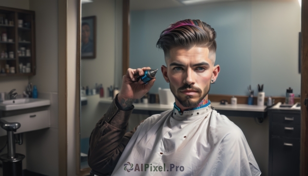 solo,looking at viewer,short hair,shirt,black hair,long sleeves,1boy,holding,jewelry,white shirt,upper body,male focus,multicolored hair,earrings,parted lips,indoors,hand up,blurry,black eyes,two-tone hair,tattoo,blurry background,facial hair,piercing,ear piercing,beard,mirror,realistic,stud earrings,undercut,sink,comb,blue eyes,closed mouth,jacket,black jacket,ring,bottle,kitchen,faucet