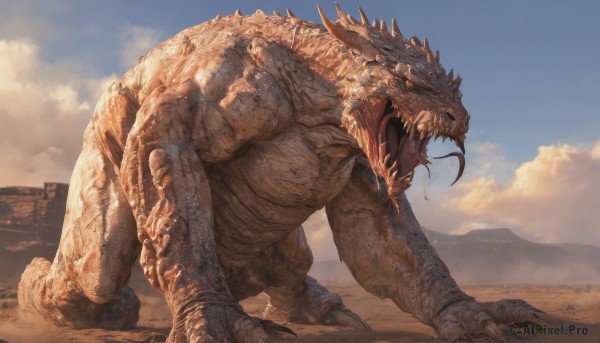 solo,open mouth,tail,outdoors,horns,sky,teeth,day,tongue,cloud,tongue out,blue sky,no humans,fangs,cloudy sky,sharp teeth,all fours,claws,spikes,monster,mountain,realistic,sand,scales,giant,desert,dinosaur,saliva,dragon