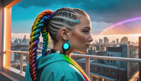 1girl,solo,long hair,blue eyes,black hair,jewelry,closed mouth,jacket,upper body,ponytail,braid,multicolored hair,earrings,outdoors,green hair,sky,choker,cloud,dark skin,hood,blurry,collar,from side,two-tone hair,dark-skinned female,lips,profile,makeup,building,city,realistic,nose,railing,cityscape,looking afar,rainbow,city lights,multiple braids,rainbow hair,hair ornament,blue hair,grey hair,day,artist name,necklace,eyelashes,aqua hair,hoodie,black choker,expressionless,piercing,hood down,cloudy sky,lipstick,ear piercing,portrait,hooded jacket,forehead,eyeshadow,sunset,hair tie,skyscraper,mascara,sunrise