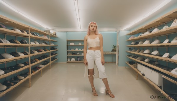 1girl,solo,long hair,looking at viewer,brown hair,navel,brown eyes,standing,shorts,midriff,pants,indoors,dark skin,dark-skinned female,sandals,tank top,white shorts,white pants,arms at sides,tiles,wide shot,capri pants,jewelry,pink hair,earrings,high heels