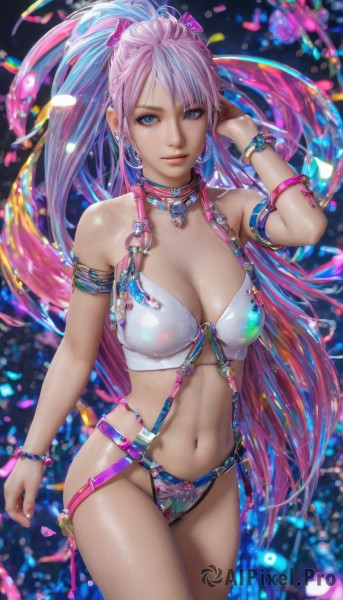 1girl,solo,long hair,breasts,looking at viewer,smile,bangs,blue eyes,large breasts,navel,cleavage,bare shoulders,jewelry,medium breasts,very long hair,blue hair,standing,swimsuit,ponytail,pink hair,bikini,multicolored hair,cowboy shot,earrings,choker,necklace,bracelet,two-tone hair,lips,armlet,hoop earrings,realistic,closed mouth,collarbone,purple hair,midriff,shiny,artist name,hand up,dark skin,stomach,mole,blurry,arm up,dark-skinned female,shiny skin,makeup,watermark,white bikini,gem,o-ring,arm at side,beads,hand in own hair,bangle,multicolored bikini